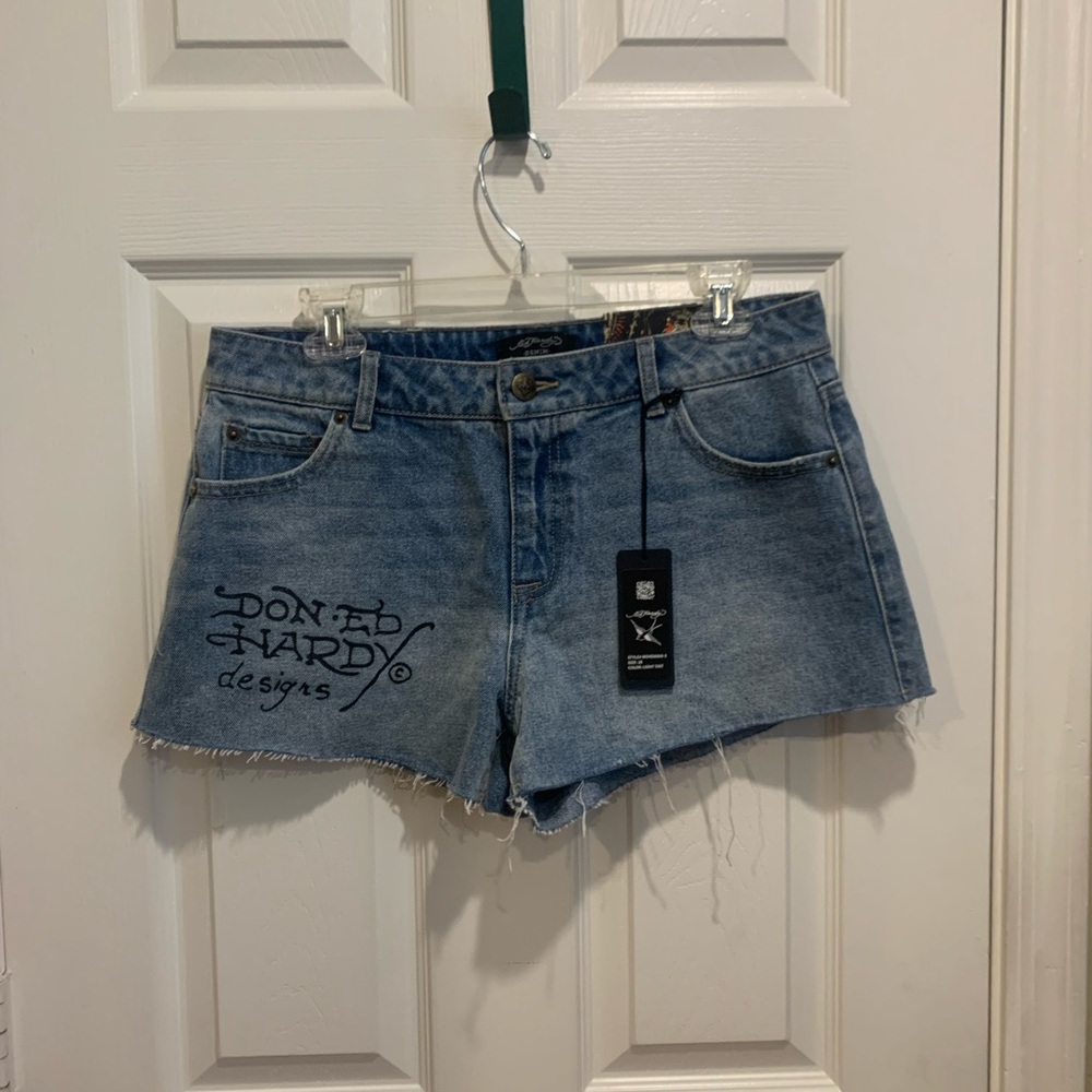 Ed Hardy Light Blue Denim Cutoff Shorts with Logo